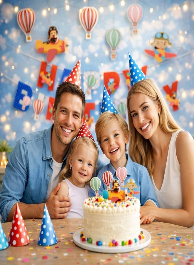 pixelfox لافتة عيد ميلاد سعيد على شكل طائرة لحفلات الأطفال، زينة طائرة ومنطاد هواء ساخن للأولاد واحتفالات رواد الفضاء، لافتة عيد ميلاد فضائية معلقة على الحائط للمنزل (عبوة من قطعة واحدة) - Image 3