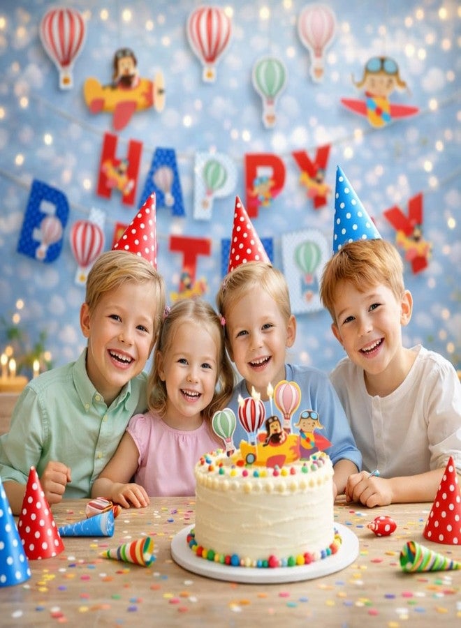 pixelfox لافتة عيد ميلاد سعيد على شكل طائرة لحفلات الأطفال، زينة طائرة ومنطاد هواء ساخن للأولاد واحتفالات رواد الفضاء، لافتة عيد ميلاد فضائية معلقة على الحائط للمنزل (عبوة من قطعة واحدة) - Image 4