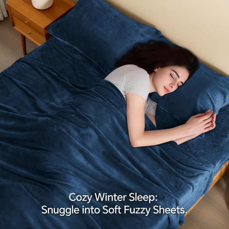 BEDELITE Flannel Sheets Queen Size Navy - Super Soft Fleece Sheets Set Fluffy Extra Plush, 4 Piece(Include Fitted Sheet, Flat Sheet, 2 Pillowcases) - Image 3