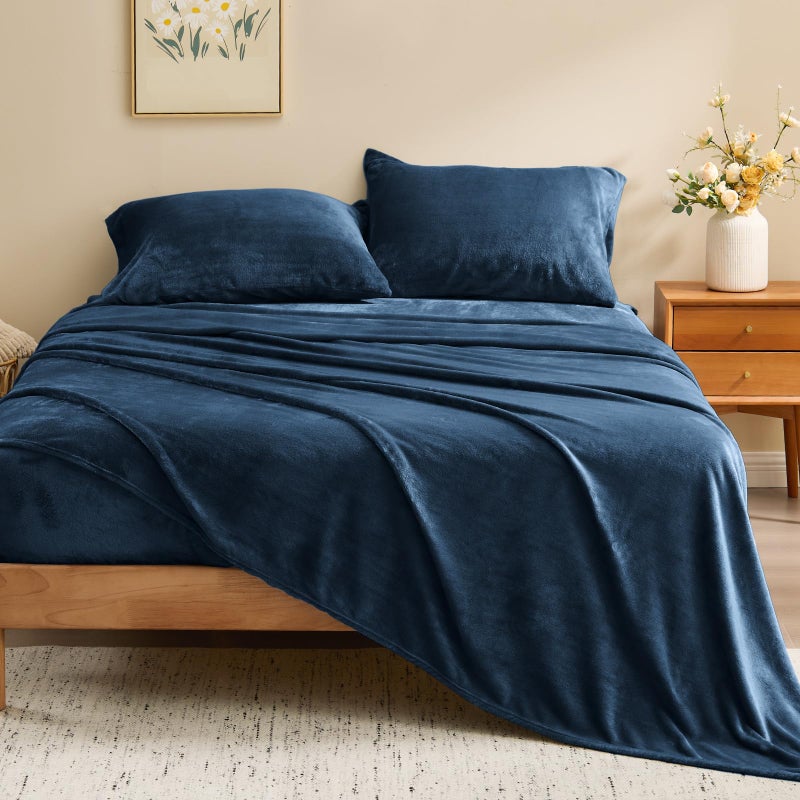 BEDELITE Flannel Sheets Queen Size Navy - Super Soft Fleece Sheets Set Fluffy Extra Plush, 4 Piece(Include Fitted Sheet, Flat Sheet, 2 Pillowcases) - Image 2