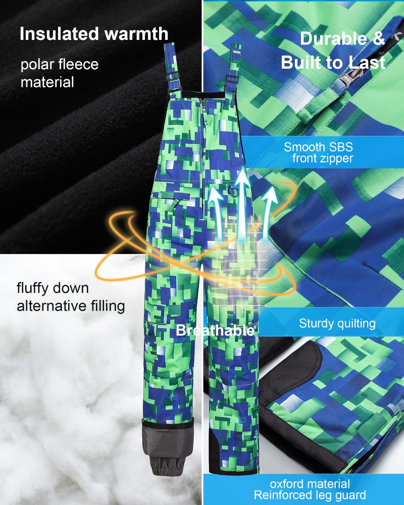 Pursky Kids Boys Waterproof Outdoor Hiking Pants Warm Snow Pants Snow Bibs Girls Snowpants Youth Ski Bibs Husky Ski Pants Snowbibs Green Printed 14/16 - Image 2