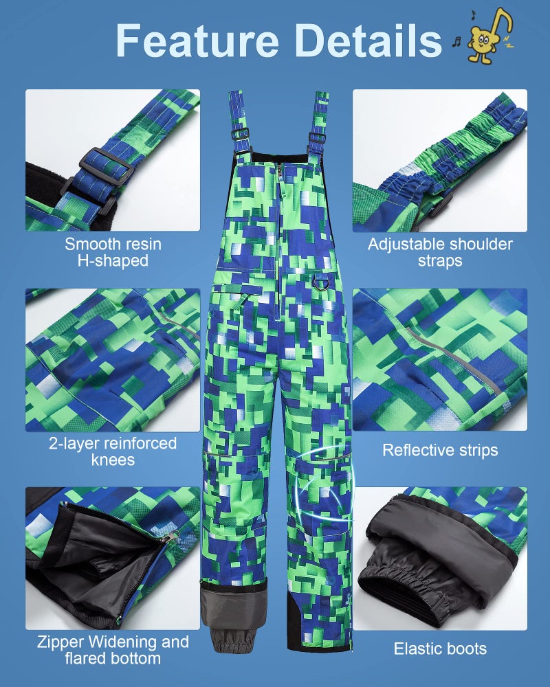 Pursky Kids Boys Waterproof Outdoor Hiking Pants Warm Snow Pants Snow Bibs Girls Snowpants Youth Ski Bibs Husky Ski Pants Snowbibs Green Printed 14/16 - Image 3