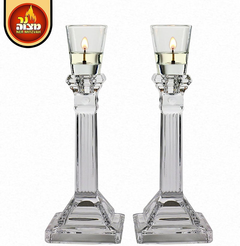Ner Mitzvah Neironim Glass Shabbos Candle Holders with Unscented Wax Candles - 2 Pack - Image 3