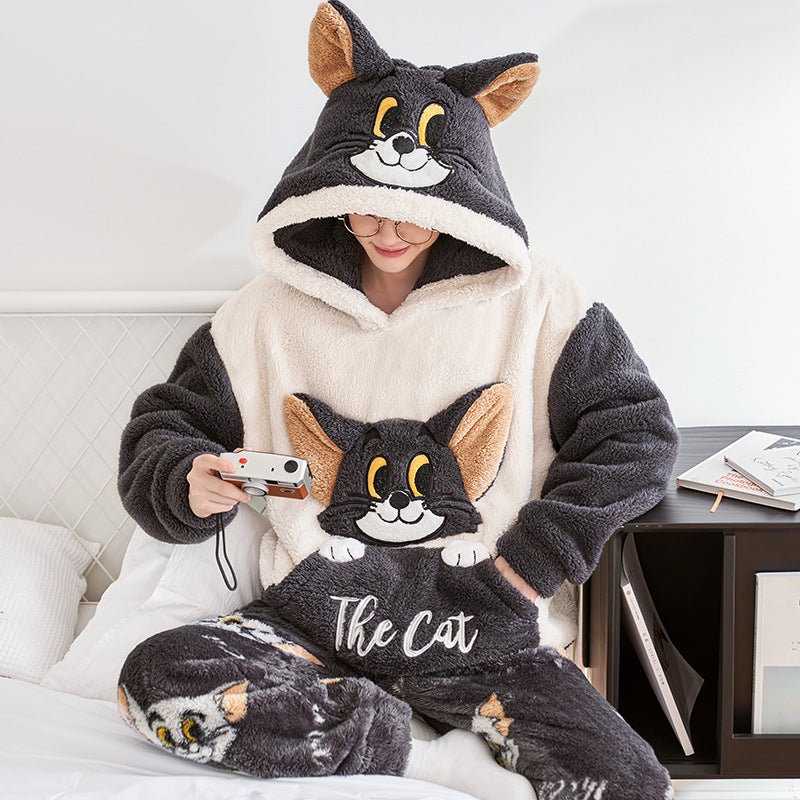 Winter Coral Fleece Pajamas Men'S Fleece-Lined Thickened Warm Cartoon Hooded Flannel Teenager Home Clothes Suit - Image 1