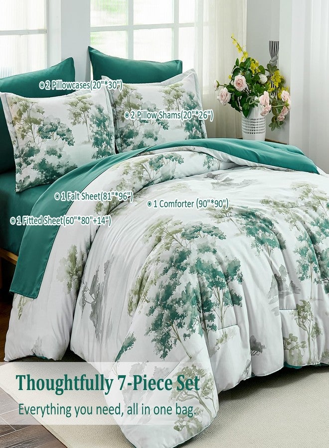Dinjoy Queen Comforter Set, 7 Piece Comforter Set Queen, White Queen Size Bed Sets, Queen Sheet Set with Comforter, Flower Bedding Sets with Comforter, Fitted & Flat Sheets, Pillowcases & Pillow Shams - Image 5
