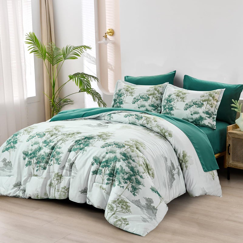 Dinjoy Queen Comforter Set, 7 Piece Comforter Set Queen, White Queen Size Bed Sets, Queen Sheet Set with Comforter, Flower Bedding Sets with Comforter, Fitted & Flat Sheets, Pillowcases & Pillow Shams - Image 1