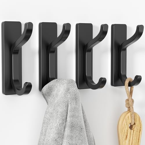 pickpiff Adhesive Wall Coat Hooks - Heavy Duty Stick-On Door Hanger, Black Metal Hook for Hanging Towel,Purse, Robe, Backpack, Jacket, Clothes - for Bathroom,Dorm, Closet, Kitchen - 4 Pack - Image 1