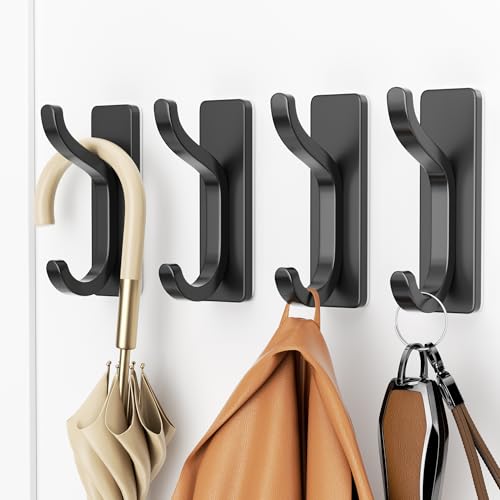 pickpiff Adhesive Wall Coat Hooks - Heavy Duty Stick-On Door Hanger, Black Metal Hook for Hanging Towel,Purse, Robe, Backpack, Jacket, Clothes - for Bathroom,Dorm, Closet, Kitchen - 4 Pack - Image 5