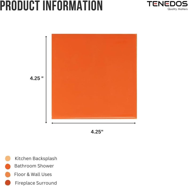 Tenedos 4 in Ceramic Tile Gloss 4 1/4" Box of 10 Pieces for Bathroom Wall and Kitchen Backsplash by – Glossy Finish, Classic Look (Orange) - Image 3