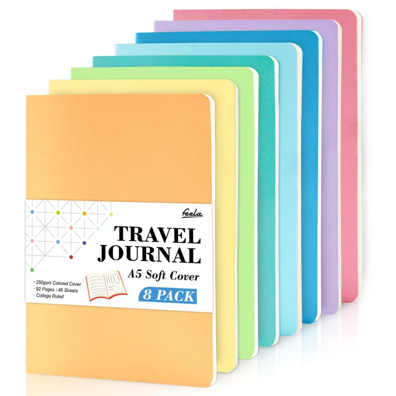 feela 8 Pack Soft Cover Journal Bulk, Notebooks College Ruled for Work, Lined Travel Journal for Students Women, Note Taking Notebook School Supplies Business Writing, 8.2â€ x 5.5â€, A5, Pastel Colors - Image 1