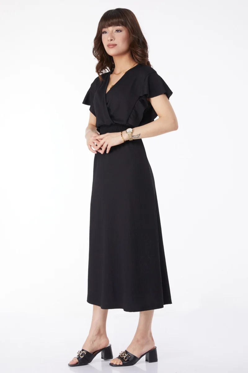 Tofisa Plain Double Breasted Women's Black Elastic Waist Dress - 25112