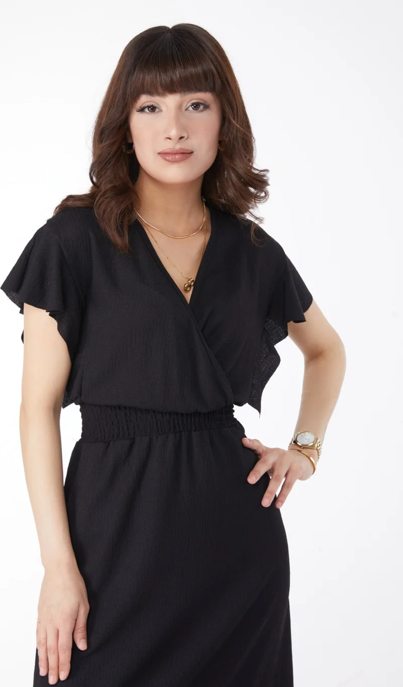 Tofisa Plain Double Breasted Women's Black Elastic Waist Dress - 25112
