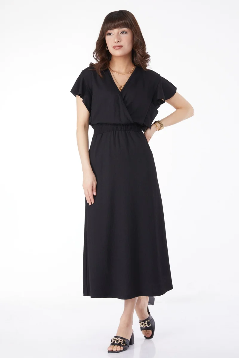 Tofisa Plain Double Breasted Women's Black Elastic Waist Dress - 25112