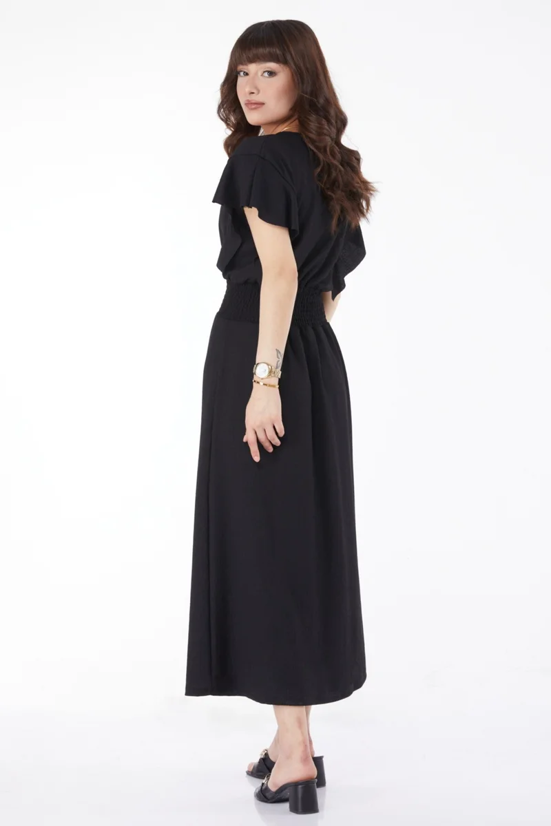 Tofisa Plain Double Breasted Women's Black Elastic Waist Dress - 25112
