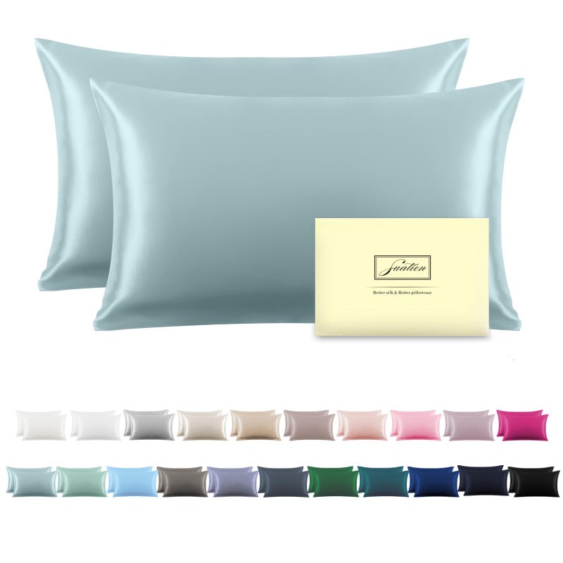 Suatien Mulberry Silk Pillowcase for Hair and Skin Silk Pillow Cases with Hidden Zipper Soft Smooth Cooling Silk Satin Pillow Cases for Sleeping Haze Blue-2 Pack Standardï¼ˆ20"X 26"ï¼‰ - Image 1