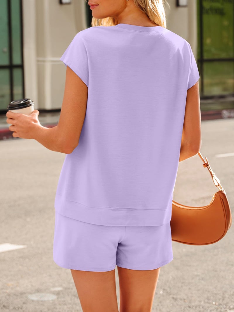 LILLUSORY Womens Henley 2 Piece Short Sets Summer 2026 Lounge Spring Beach Airport Travel Vacation Outfits Matching Sweatsuit Purple M - Image 4