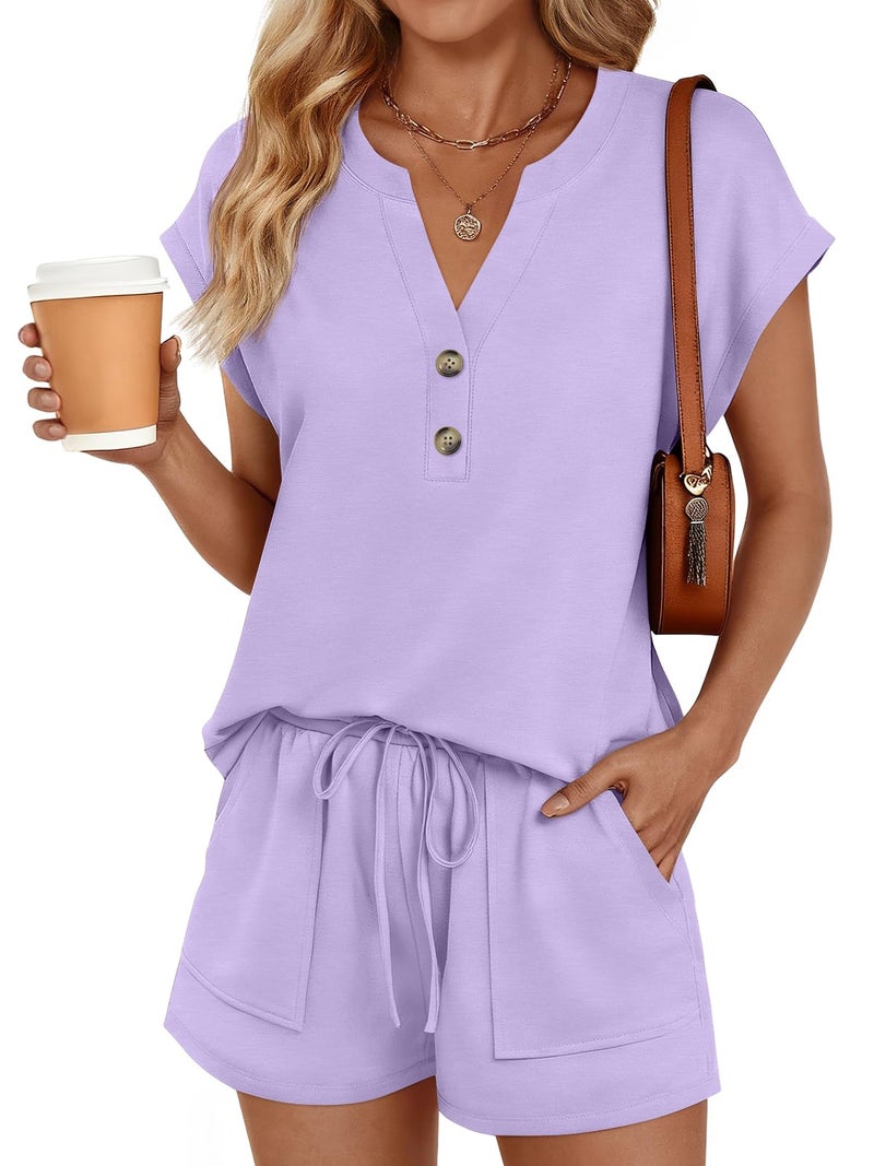 LILLUSORY Womens Henley 2 Piece Short Sets Summer 2026 Lounge Spring Beach Airport Travel Vacation Outfits Matching Sweatsuit Purple M - Image 1