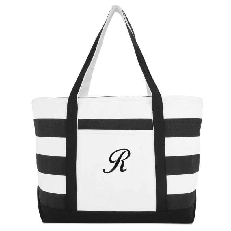 DALIX DALIX Striped Beach Bag Tote Bags Satchel Personalized Black Ballent Letter R  - Image 2