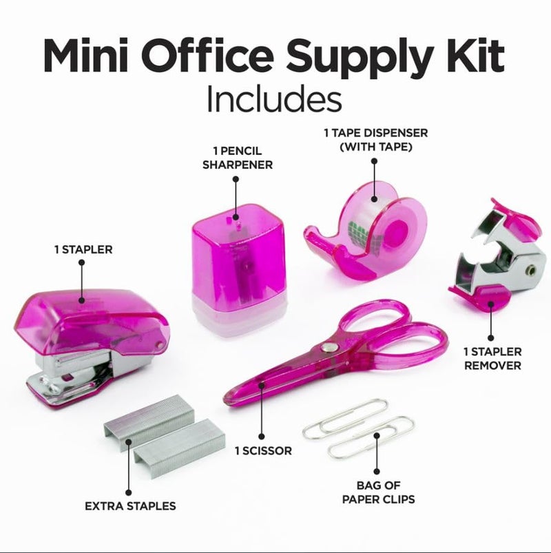 LD Products Pink Mini Office Supply Kit Portable Case with Scissors, Paper Clips, Tape Dispenser Set, Pencil Sharpener, Mini Stapler with Staples and Staple Remover - Image 2