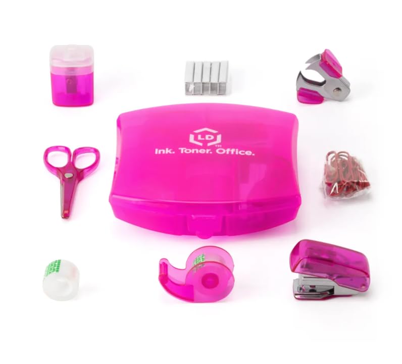 LD Products Pink Mini Office Supply Kit Portable Case with Scissors, Paper Clips, Tape Dispenser Set, Pencil Sharpener, Mini Stapler with Staples and Staple Remover - Image 1