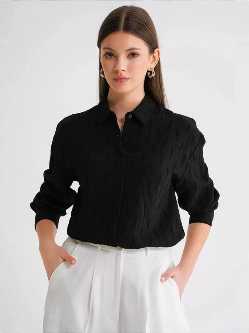 Mixray Black Mixray Textured Poplin Shirt for Women | Best Price UAE