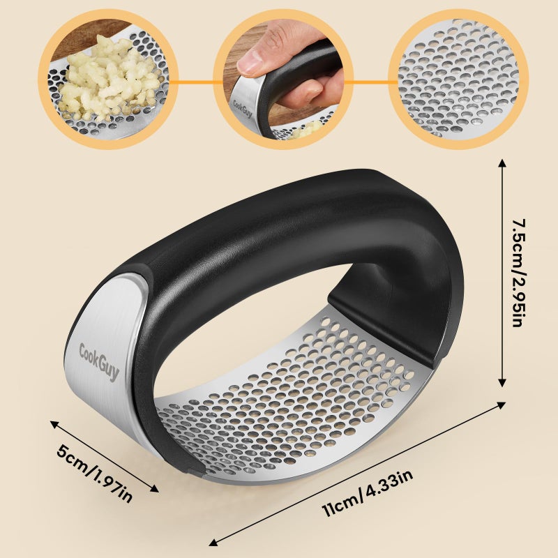 Cook Guy 304 Stainless Steel Garlic Press Rocker Set - Premium Garlic Mincer, Crusher, Peeler and Scraper Tool for Effortless Mincing - Comfortable Grip Garlic Grinder (Silver) - Image 5