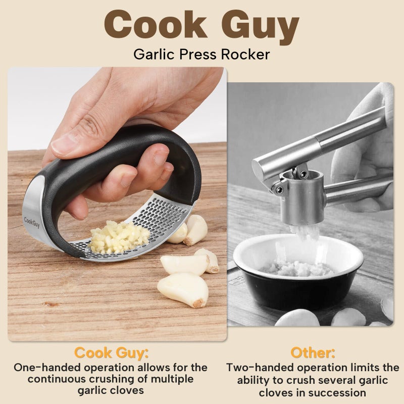 Cook Guy 304 Stainless Steel Garlic Press Rocker Set - Premium Garlic Mincer, Crusher, Peeler and Scraper Tool for Effortless Mincing - Comfortable Grip Garlic Grinder (Silver) - Image 3