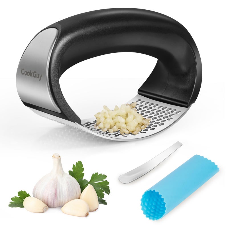Cook Guy 304 Stainless Steel Garlic Press Rocker Set - Premium Garlic Mincer, Crusher, Peeler and Scraper Tool for Effortless Mincing - Comfortable Grip Garlic Grinder (Silver) - Image 1