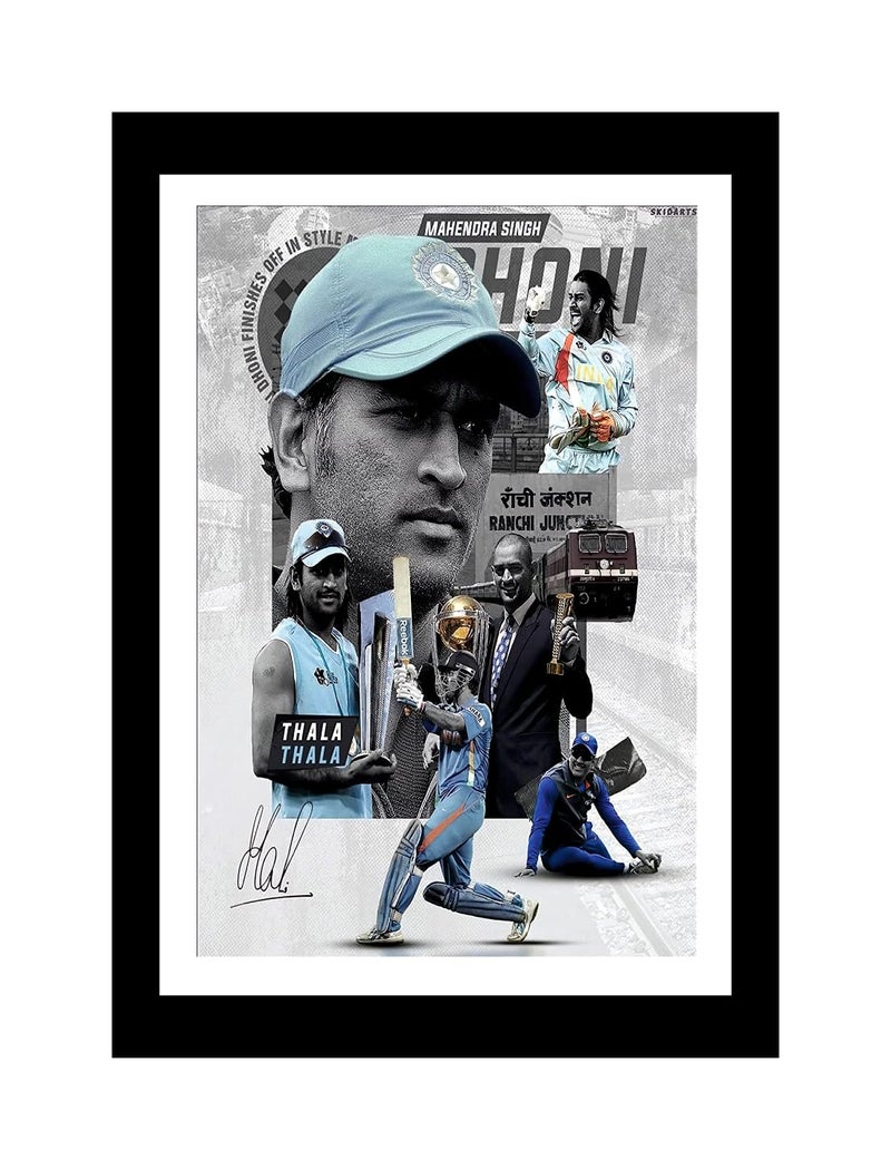 Sky Flying M.S.Dhoni Indian Cricket Photo Frame Poster For Living Room, Bedroom, Office, (Multicolor Framed, Size - 33Cm X 25Cm) - Image 1