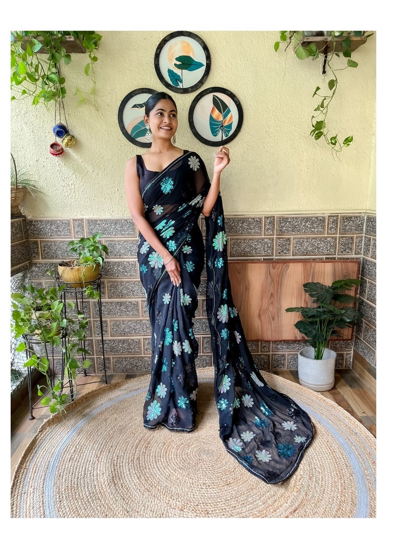 Grab Mantra Georgette Black Saree With Blue Turquoise Floral Sequence Work and Unstitched Blouse  - Image 2