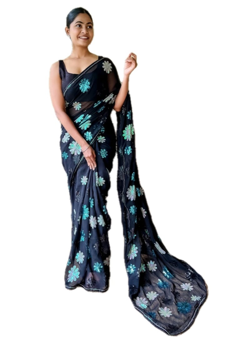 Grab Mantra Georgette Black Saree With Blue Turquoise Floral Sequence Work and Unstitched Blouse  - Image 1