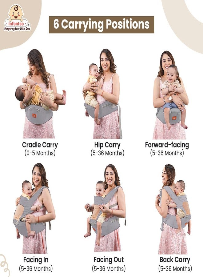 Infantso Premium Hip Seat Baby Carrier with 6 Adjustable Carry Positions, Carrier for 0 to 3 Years Baby with Hip Seat, Kangaroo Style Bag, Baby Carrying Bag for Newborn to Toddler, Weight Upto 15kgs - Image 2