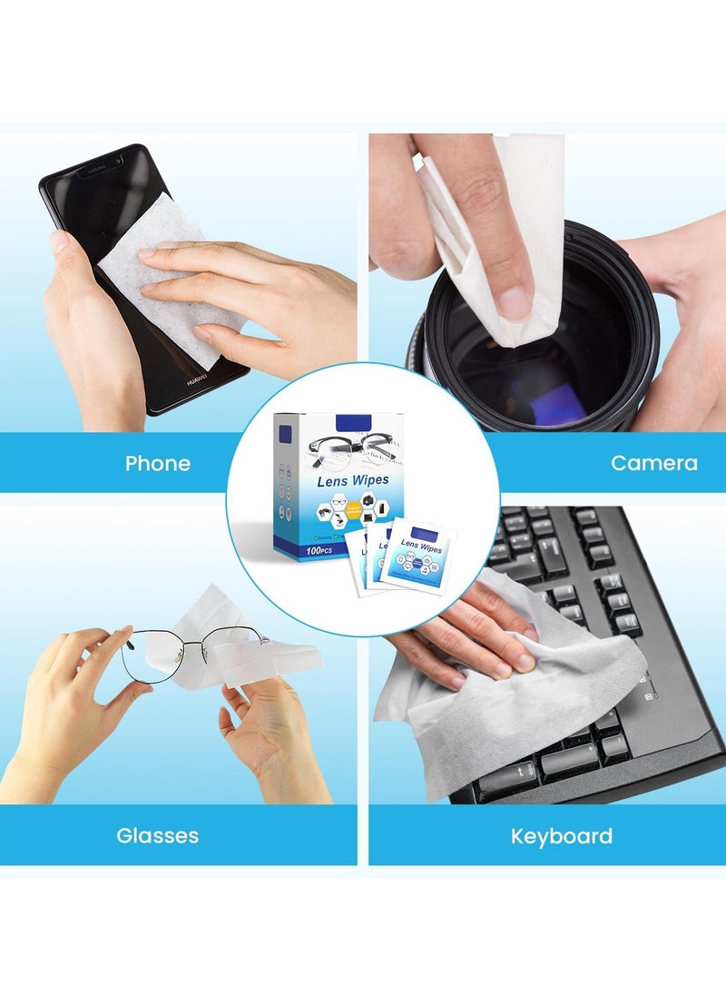Eyeglass Lens Cleaning Wipes for Camera Lenses, Sunglasses, Goggles Pre-Moistened Lens Cleaning Wipes 100 Count, Safe and Fast Drying Eyeglass and Screen Cleaner, Individually Wrapped