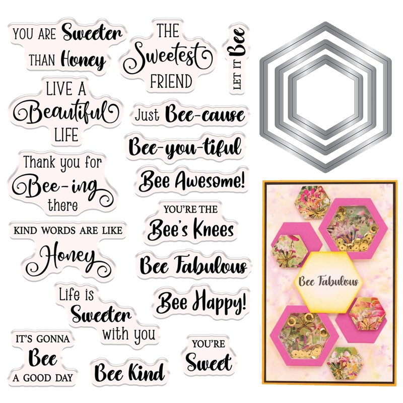 Briartw Honey Bee Sentiment Clear Stamps and Metal Cutting Dies Sets for Card Making DIY Scrapbooking Paper Crafts Decoration Album Photo Invitation Card Blessing Card - Image 1