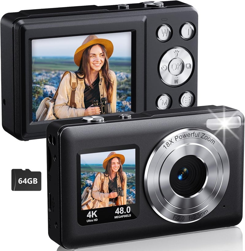 Divine كاميرا رقمية 4K بدقة 48 ميجابكسل للأطفال، شاشة مزدوجة ونقطة تركيز تلقائية وكاميرات رقمية سهلة الاستخدام مع بطاقة SD سعة 64 جيجابايت، زوم 16X، بطاريات مدمجة (DDC-75) - Image 1