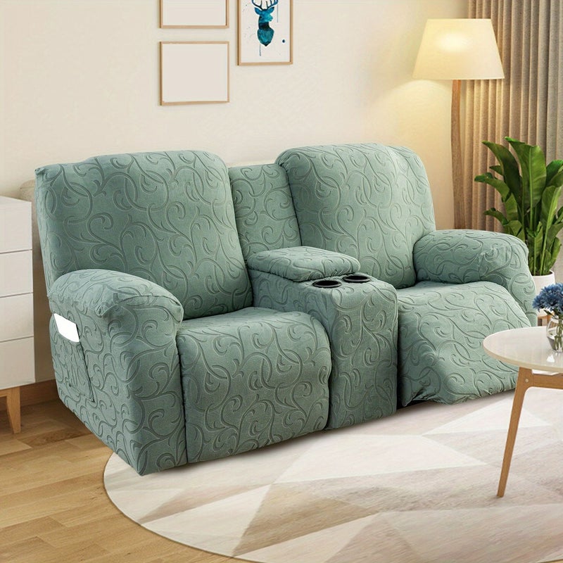 Sand Color Chenille Jacquard Elastic Sofa Cover With Pockets And Remote Holder - Image 4