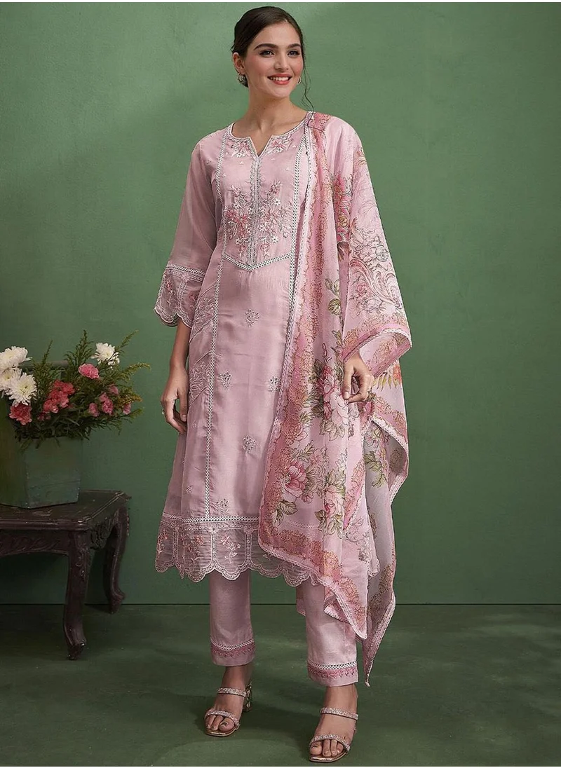 آي شين Women's Peach Organza Printed Tunic Full Length Casual Straight Fit Kurta Set