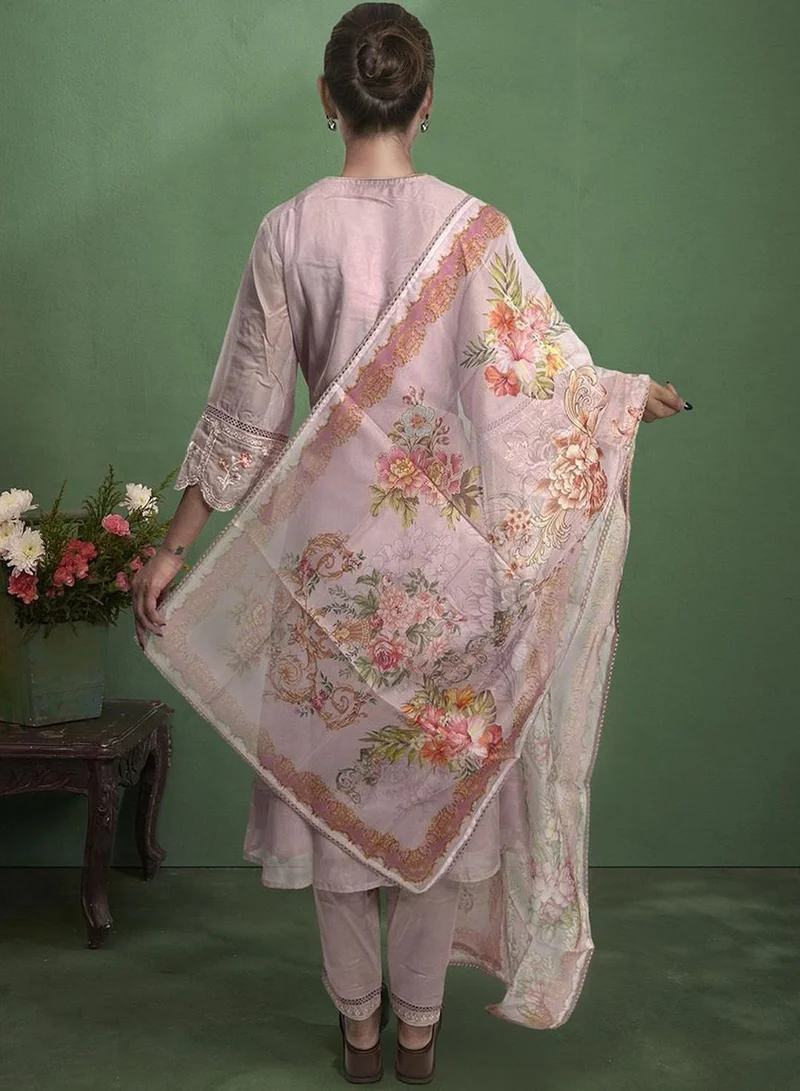 ISHIN Women's Peach Organza Printed Tunic Full Length Casual Straight Fit Kurta Set