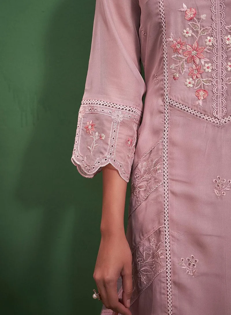 ISHIN Women's Peach Organza Printed Tunic Full Length Casual Straight Fit Kurta Set