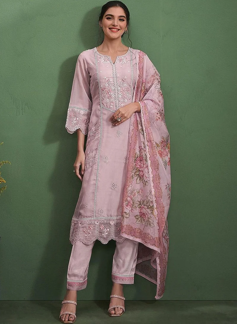 ISHIN Women's Peach Organza Printed Tunic Full Length Casual Straight Fit Kurta Set