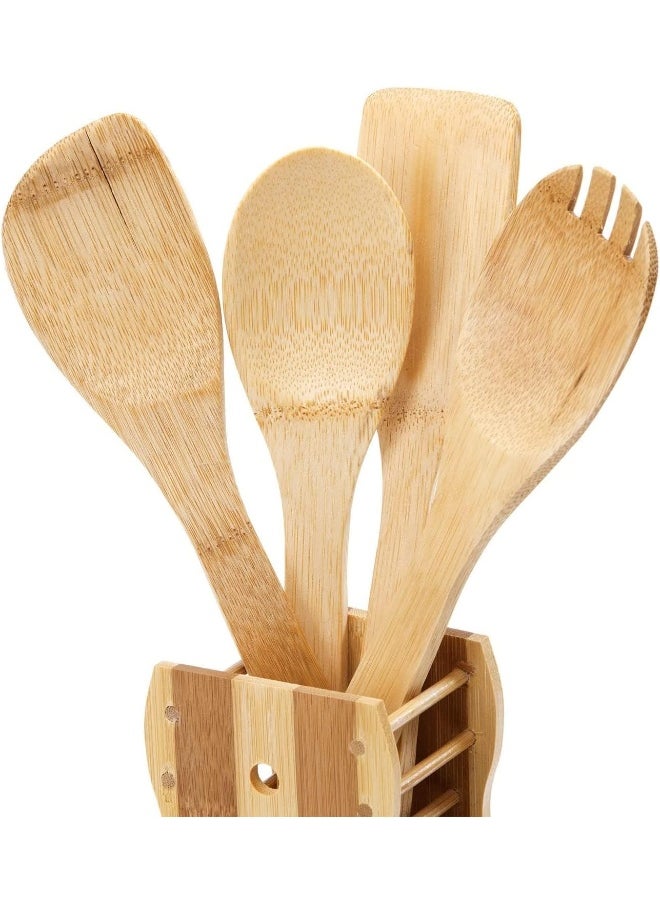 AL MADINA ALSAQER-Organic Bamboo 5 Piece Kitchen Tool Set-Spatula, Turner, Slotted Turner, Serving Spoon, Rice Spoon And Holder-Nonstick Utensil Set-Non-Scratch Cookware Tools  - Image 5