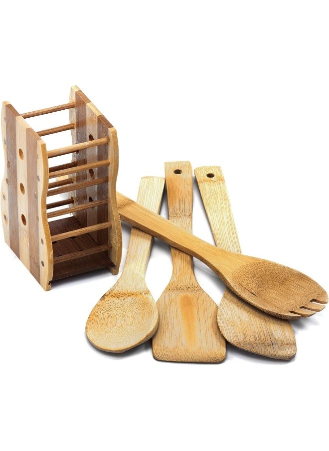 AL MADINA ALSAQER-Organic Bamboo 5 Piece Kitchen Tool Set-Spatula, Turner, Slotted Turner, Serving Spoon, Rice Spoon And Holder-Nonstick Utensil Set-Non-Scratch Cookware Tools  - Image 2