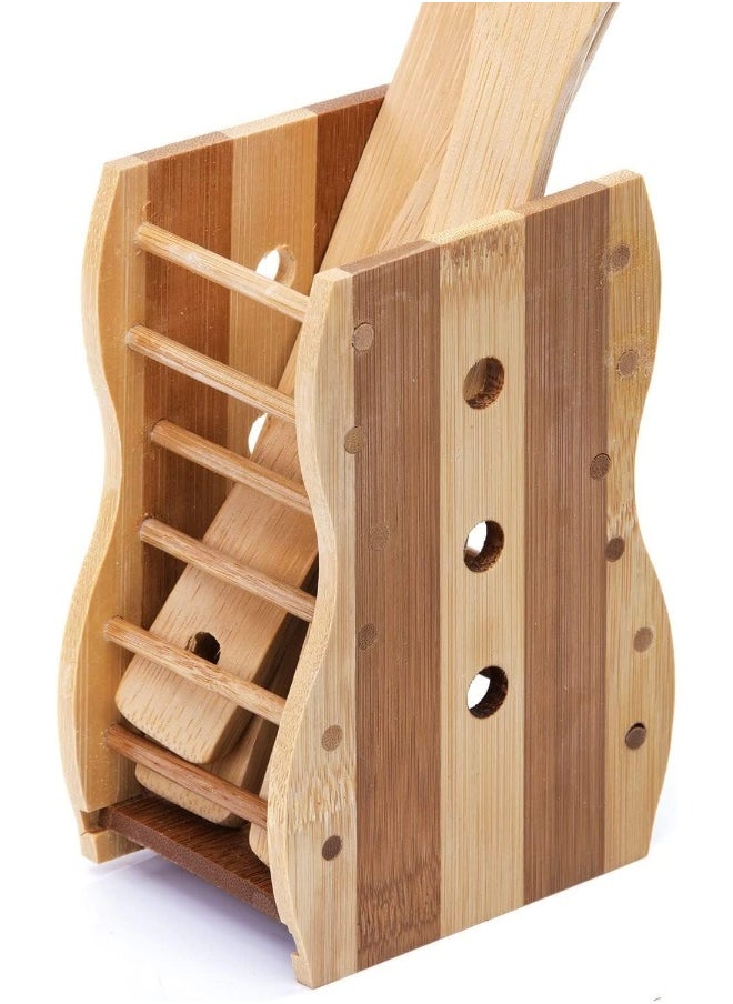 AL MADINA ALSAQER-Organic Bamboo 5 Piece Kitchen Tool Set-Spatula, Turner, Slotted Turner, Serving Spoon, Rice Spoon And Holder-Nonstick Utensil Set-Non-Scratch Cookware Tools  - Image 4