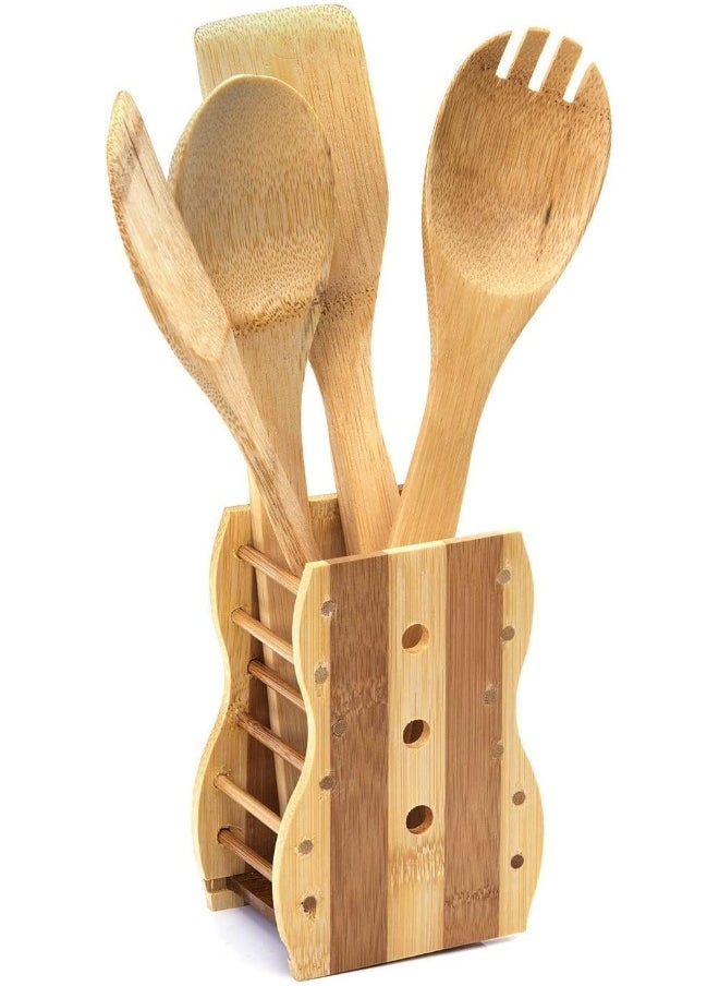 AL MADINA ALSAQER-Organic Bamboo 5 Piece Kitchen Tool Set-Spatula, Turner, Slotted Turner, Serving Spoon, Rice Spoon And Holder-Nonstick Utensil Set-Non-Scratch Cookware Tools  - Image 1