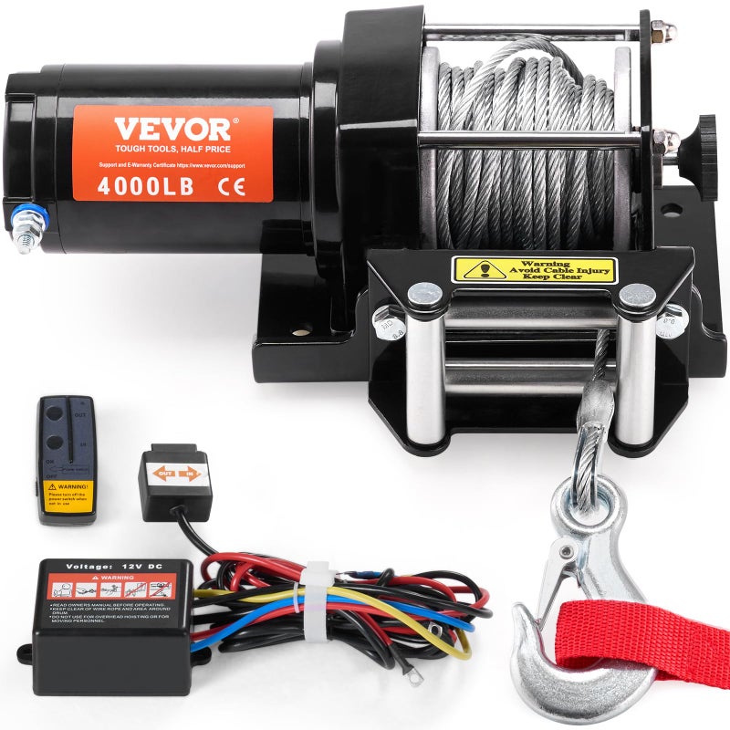 VEVOR Electric Winch 4000 lb Line Pull Capacity 12V DC ATVUTV Winch with 316 in x 39 ft 7 Strands Steel Cable Roller Fairlead Wireless Wired Remote Control IP55 Waterproof for Towing UTV ATV