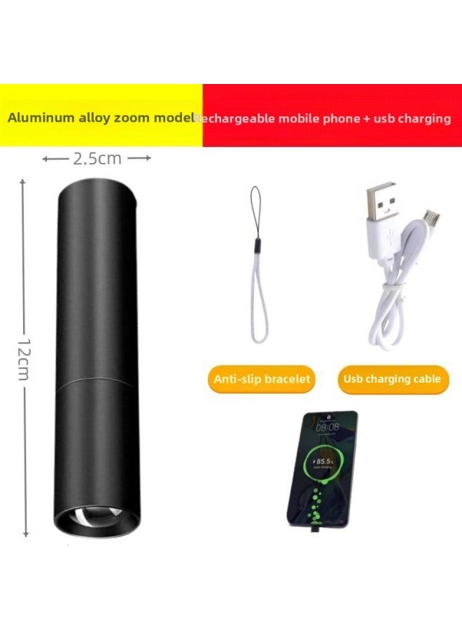 إسكدنيا مصباح يدوي محمول من سبائك الألومنيوم تلسكوبي تكبير ضوء قوي ضوء عمل مصباح يدوي صغير قابل لإعادة الشحن - اللون: 885 أسود - تكبير من سبائك الألومنيوم ممتد - هاتف محمول قابل لإعادة الشحن + حزام يد + كاب - Image 1