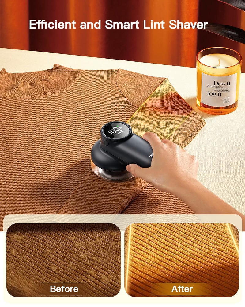 coldSky Rechargeable Fabric Shaver, Lint Shaver with Digital Display, Sweater Shaver with 6-Leaf Blades and Safety Lock, 3-Speeds Defuzzer Remove Fuzz, Pills from Clothes, Furniture, Sofa, Dark Gray - Image 2