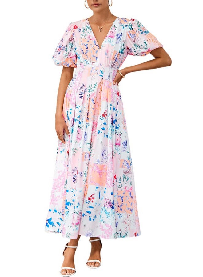 Maxigerui Women's Floral Maxi Dress Spring Summer Wedding Guest Dress, E#pink Blue Floral Print, XL - Image 1