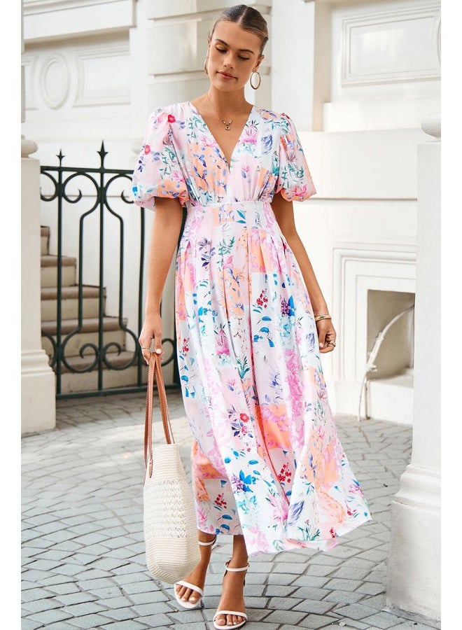 Maxigerui Women's Floral Maxi Dress Spring Summer Wedding Guest Dress, E#pink Blue Floral Print, XL - Image 5