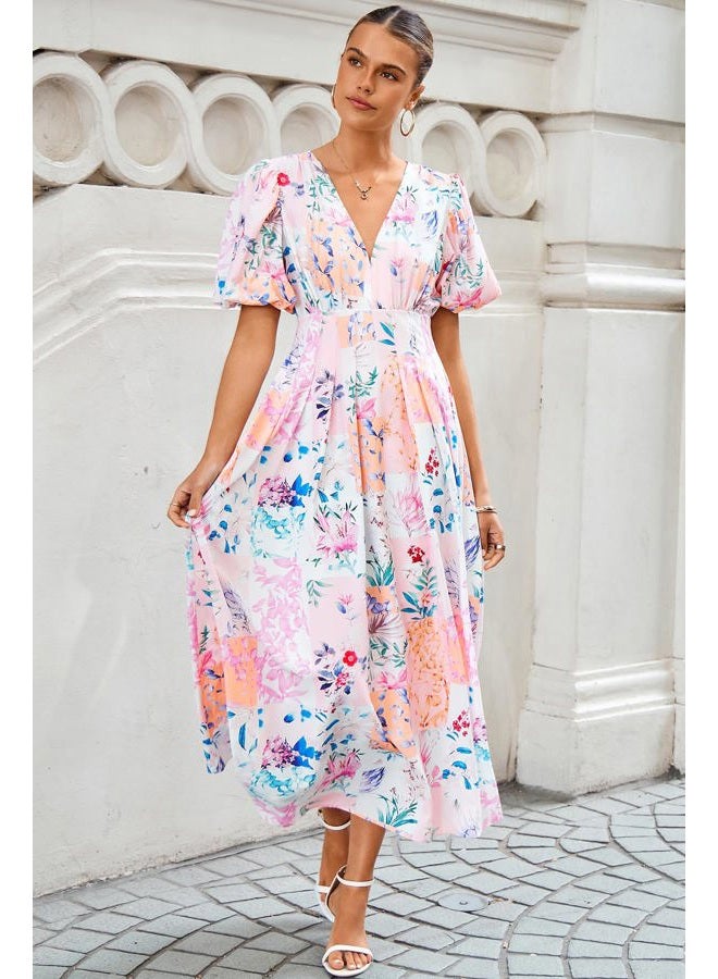 Maxigerui Women's Floral Maxi Dress Spring Summer Wedding Guest Dress, E#pink Blue Floral Print, XL - Image 4